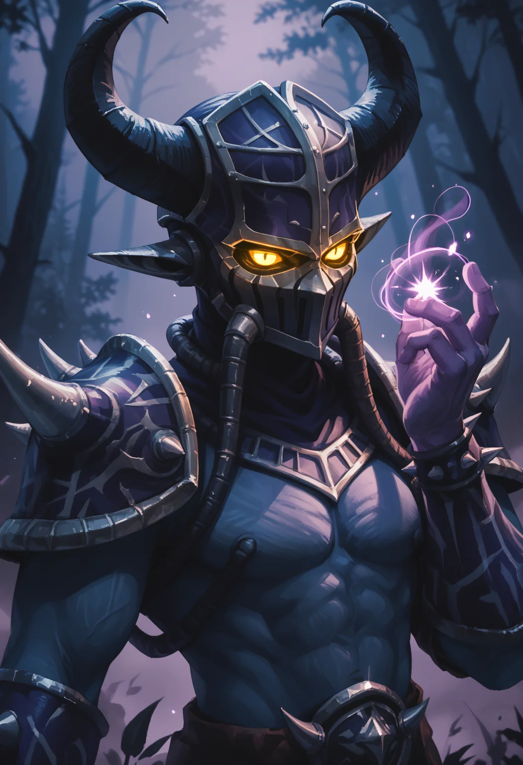 score_9, score_8_up, score_7_up, score_6_up, score_5_up, score_4_up, BREAK, kassadinpdxl, solo, mask, 1boy, armor, horns, yellow eyes, glowing eyes, no pupils, yellow sclera, helmet, spikes, upper body, magic in hand, purple fog, forest, night, <lora:Kassadin:0.7>