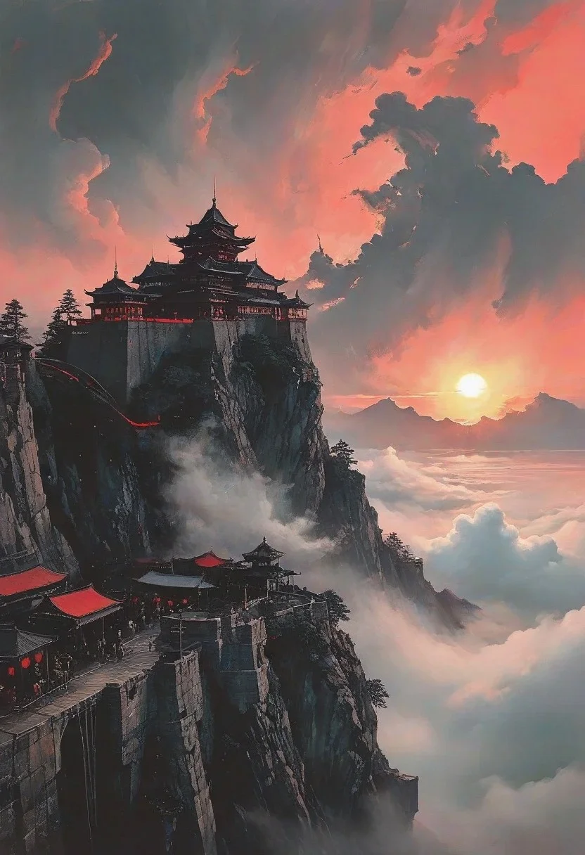 score_9, panorama landscape, architecture, street market, street, outdoor market, sunset, dracula japan village, Japan, enchanted fortress and fortified castle, above the clouds, mystical atmosphere, detailed stone and wood walls, europinian man, 50 years old, devil, blood, bloody mist swirls around, weibo, drawing, formal, black hair, devil horns, double halo, hunter eyes, holding finger to lips, shush, intimidating retro 90's, red, black, science fiction, a dark sky lit by the glow of distant moons and neon lights. rockpunk, yoji shinkawa, James Jean, Ayami Kojima, village<lora:EnvySendNoodzXL01:-2><lora:EnvyZoomSliderXL01:.5>, <lora:EnvyPanoramaXL01:0.5>