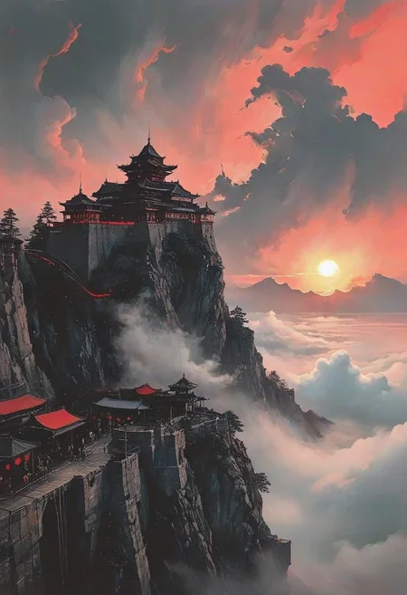 score_9, panorama landscape, architecture, street market, street, outdoor market, sunset, dracula japan village, Japan, enchanted fortress and fortified castle, above the clouds, mystical atmosphere, detailed stone and wood walls, europinian man, 50 years old, devil, blood, bloody mist swirls around, weibo, drawing, formal, black hair, devil horns, double halo, hunter eyes, holding finger to lips, shush, intimidating retro 90's, red, black, science fiction, a dark sky lit by the glow of distant moons and neon lights. rockpunk, yoji shinkawa, James Jean, Ayami Kojima, village<lora:EnvySendNoodzXL01:-2><lora:EnvyZoomSliderXL01:.5>, <lora:EnvyPanoramaXL01:0.5>