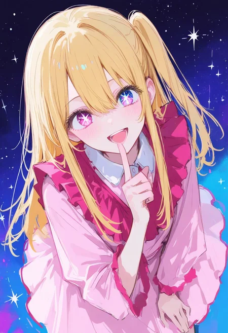 masterpiece, best quality, absurdres, highres, very awa, newest, sketch, 1girl, hirayama kanna, inplick, luxearte, 1 girl, hoshino ruby, oshi no ko, pink eyes, hair between eyes, star-shaped pupils, mismatched pupils, blonde hair, long hair, sidelocks, one side up, pink dress, finger to mouth, happy, open mouth, looking at viewer, stars, abstract background, close up, from above