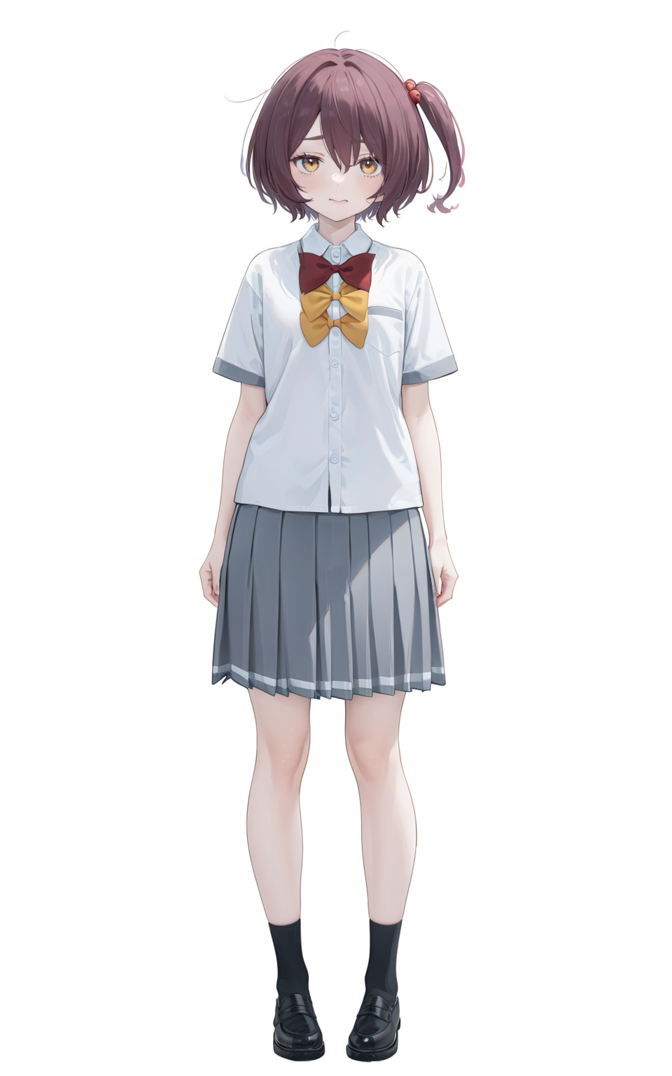 8k, best quality, masterpiece, (ultra-detailed), (high detailed skin), 
(full body:1.25), (white background:1.4), (simple background), standing, looking at viewer, (solo:1.2), 
<lora:Komari-a3-Tanger-000014:0.8>, Komari, default clothes, school uniform, 1girl, 4 bows, grey pleated skirt, bowtie, short sleeves, white collared shirt,