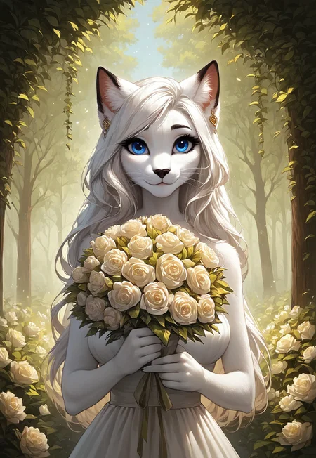 safe_pos, masterpiece, score_9_up, score_8_up, score_7_up, score_6_up, source_furry, (best quality:1.1), ultra-detailed, high resolution, solo, highly detailed macro illustration, 1girl, Nikita, anthro, cat, feline, female, white fur, long white hair, (beautiful detailed blue eyes), long eyelashes, black eyebrows, black animal nose, whiskers, fluffy ears, fluff in ears, black ear tips, breasts, closed mouth, :3, spring drees, gold earrings, sensual, (holding a bouquet of flowers:1.3) BREAK Outdoors, spring, forest in the background, flowers, lush vegetation BREAK Highly Visible, sharp focus, perfect lighting, anatomically correct, extremely detailed, high detail, Expressiveh, detailed background, zPDXL3