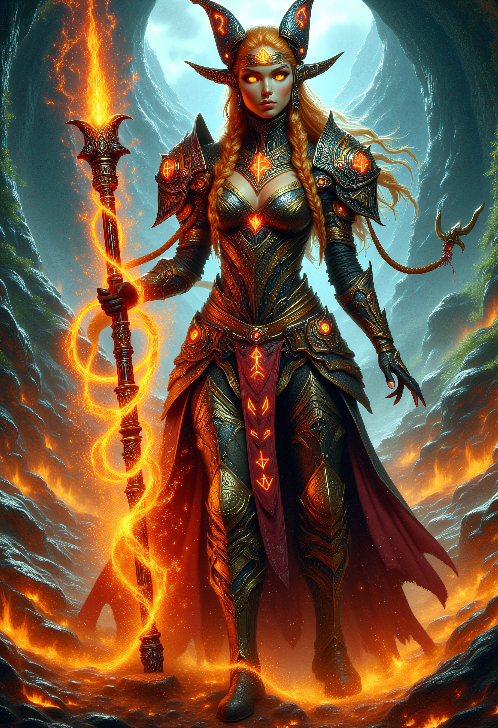 realistic scenery, ultra high quality, very detailed, gorgeous fire sorceress wearing body armor and holding an entchanted mage battle staff, from below, <lora:Glowing_Runes_Flux>