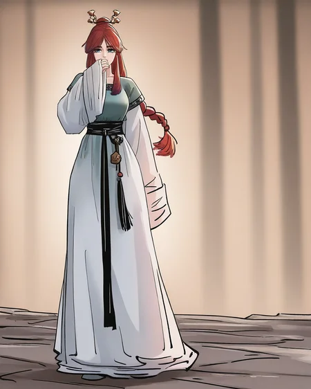 masterpiece,best quality,curvy,venus body,
<lora:atongna:1>,atongna,1girl,solo,braid,chinese clothes,full body,long sleeves,hanfu,wide sleeves,standing,covering mouth,looking at viewer,single braid,