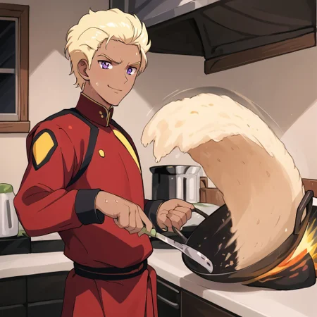 score_9, score_8_up, score_7_up, source_anime, cowboy shot, side view, BREAK
(dearka_elsman, purple eyes, blonde hair, brown skin, best eyes, looking at viewer, smirk, red uniform, 1boy, male focus, solo, sweat, Brawny), BREAK
kitchen, incrsfriedriceprankmeme, food, fried egg, frying pan, holding, Ladle, motion blur, motion lines,