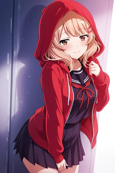 masterpiece, best quality, amazing quality,
<lora:Yuyuko_IL:1> yuyuko, 1girl, solo, hair ornament, blonde hair, hood, hairclip, school uniform, brown eyes, smile, looking at viewer, skirt, serafuku, red hoodie, blush, pleated skirt, hoodie, open hoodie, hood up