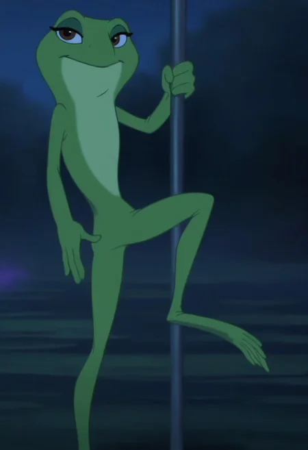 score_9, score_8_up, score_7_up, Tiana (Frog), cartoon, solo, 1girl, female, frog, ((full shot)), Disney, ((on the pole:1)) full body, back view, eyeliners, eyes half open, back view, (((one leg hooked on pole))), (((long sit move))), (((leaning back))), looking at viewer, smiling, trees, ((seductive)), screenshot, ((night)), brown irises
