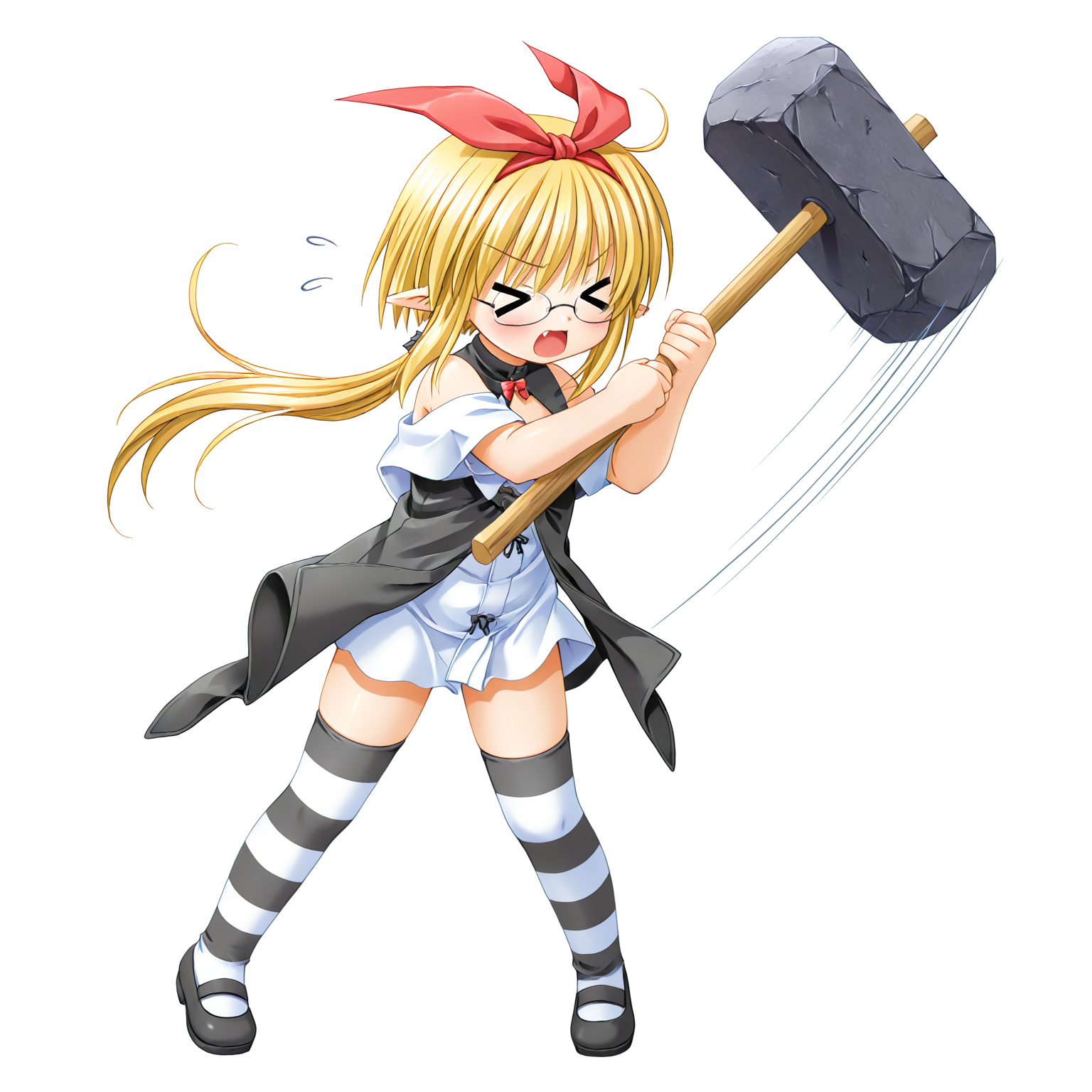 very aesthetic, absurdres,
1girl, solo, 
cubako, blonde hair, ponytail, hair ribbon,
closed eyes, fang, >_<, glasses, 
succuwear, bare shoulders, striped thighhighs, full body,
standing, holding, hammer, stone hammer, 
(Swinging hammer, motion lines:1.2), 
simple background, white background, 
<lora:YumemiteNight_Cubako_sdxl-illust-v010:1>