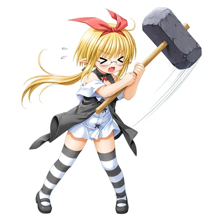 very aesthetic, absurdres,
1girl, solo,
cubako, blonde hair, ponytail, hair ribbon,
closed eyes, fang, >_<, glasses,
succuwear, bare shoulders, striped thighhighs, full body,
standing, holding, hammer, stone hammer,
(Swinging hammer, motion lines:1.2),
simple background, white background,
<lora:YumemiteNight_Cubako_sdxl-illust-v010:1>