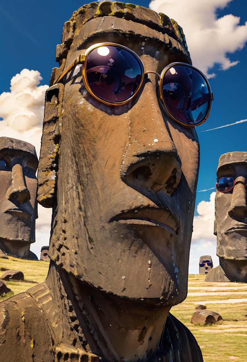 masterpiece, best quality, no humans,   zzMoai, 1girl, outdoors, sky, day, cloud, blue sky, sunglasses, scenery  ,<lora:MoaiEasterIsland_IXL:1.0>,