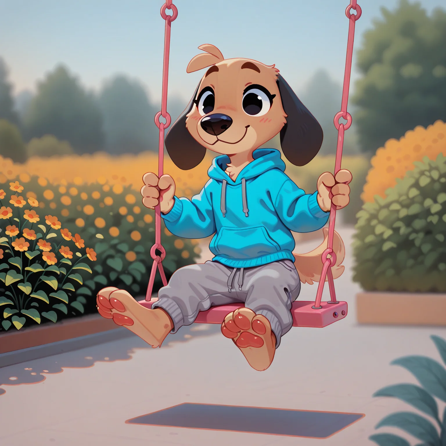 masterpiece, best quality, amazing quality, very aesthetic, absurdres, newest, cute pikaole, solo, male, anthro, furry, dog, black ears, floppy ears, black eyes, brown fur, blue hoodie, hood down, gray sweatpants, riding swing, garden, :3, golden hour, full body, (depth of field), (4 fingers), <lora:Striker_-_1994_FIFA_World_Cup_Mascot_Illustrious:1.2> <lora:pikaole:1>