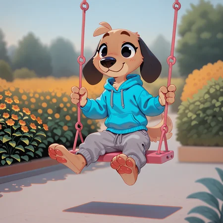 masterpiece, best quality, amazing quality, very aesthetic, absurdres, newest, cute pikaole, solo, male, anthro, furry, dog, black ears, floppy ears, black eyes, brown fur, blue hoodie, hood down, gray sweatpants, riding swing, garden, :3, golden hour, full body, (depth of field), (4 fingers), <lora:Striker_-_1994_FIFA_World_Cup_Mascot_Illustrious:1.2> <lora:pikaole:1>