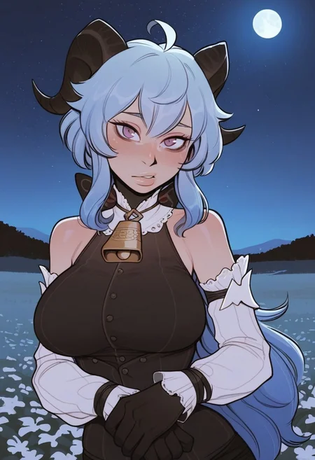 masterpiece,best quality,amazing quality, BSSINCASE, 1girl, horns, breasts, blue hair, bell, flower, detached sleeves, ahoge, looking at viewer, gloves, night, moon, solo, long hair, bare shoulders, bangs, purple eyes, flower field, sky, white sleeves, neck bell, black gloves, night sky, star (sky), field, sidelocks, blush, large breasts, full moon, starry sky