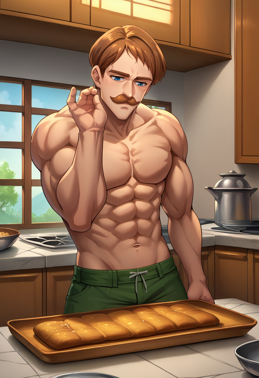 score_9, score_8_up, score_7_up, source_anime, 1boy, solo, Escanor, muscular, short hair, brown hair, mustache, blue eyes, topless male, green pants, saltbaememe, salt, indoors, kitchen, <lora:SaltBaeMeme_XLPD_CAME:1>, <lora:ChamEscanorPonyXL:1>