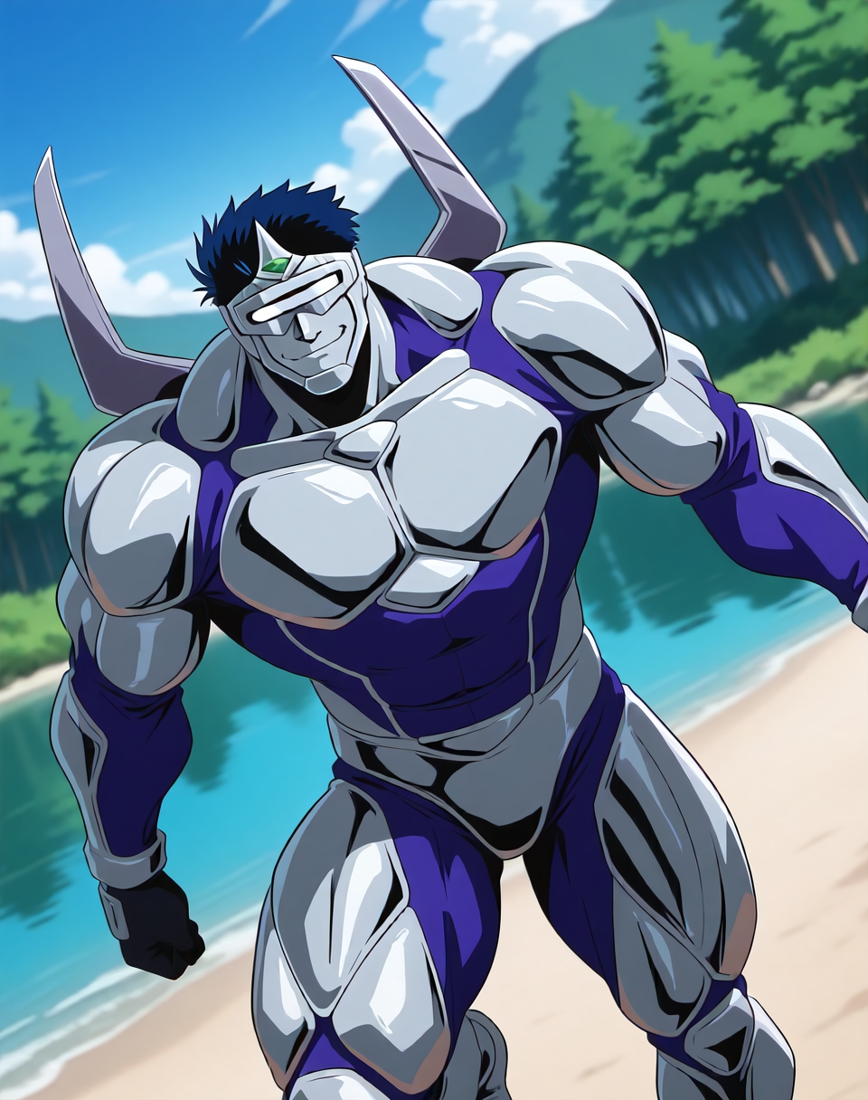 <lora:Airis_(Shinzo)_(Illustrious)_(AD):1.35> Airis, muscular, Shinzo, 
exterior, vivid anime blue sky with detailed clouds, forest, lake, metal ground, 
dynamic action, dutch angle, solid white eyes, smile, solo, eye mask, cowboy shot, bent leg, metal body, metal skin, hyper glossy body, hyper glossy ski, evil villain, smirk, 
large biceps, large muscular shoulders, large muscular arms, large muscular thighs, 
BREAK: very awe, aesthetically pleasing, masterpiece, best quality, amazing quality, very aesthetic, perfect depth of field shot, subsurface reflections, gradient coloring, 
BREAK: lazympos, lazypos (3),