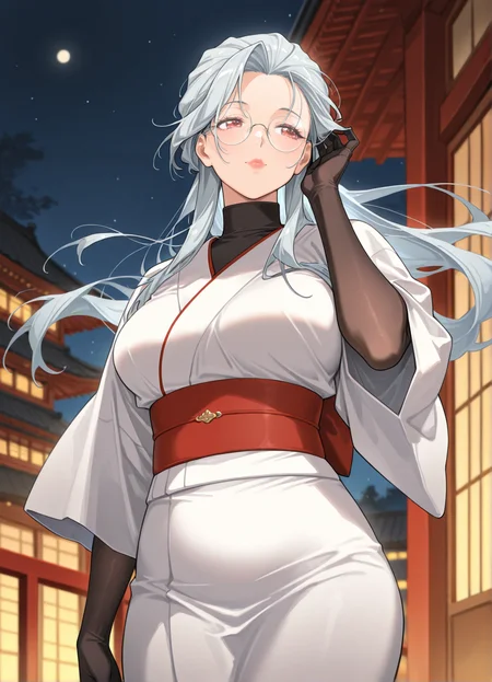 perfect quality, best quality, masterpiece, 1girl, solo, mature female,
east asian architecture, outdoors, night sky,
<lora:saihoutakenoue:1> saihoutakenoue, round glasses,
white kimono, high collar, black turtleneck, red obi, black gloves, elbow gloves,
<lora:deathalice_illustrious:1>
floating hair, adjusting hair, hand in own hair,