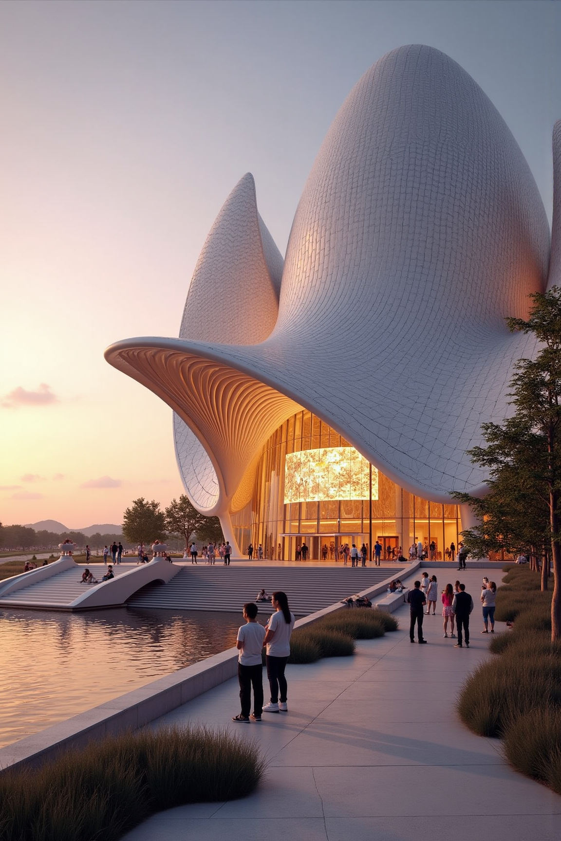 YFG-Sm0rg, Here's an enhanced prompt for a Calatrava-style architecture image:
"Create a stunning image of a futuristic museum building inspired by Santiago Calatrava's signature style. The structure should resemble his iconic design, 'The Cloud' in Chicago, with its sweeping curves and fluid lines. The building should be situated on the edge of a tranquil lake at sunset, with warm orange and pink hues reflecting off the water.
The main faÃ§ade of the museum should feature a large, undulating roof that appears to rise from the ground like a blooming flower. The surface of the roof should have intricate patterns of silver and gold filigree, evoking a sense of opulence and sophistication.
The entrance should be marked by a dramatic, curved stairway that leads up to the main door, with a large glass panel above it showcasing an abstract light installation. The surrounding gardens should feature native plants and trees, with paths made of smooth limestone that reflect the warm colors of the setting sun.
In the foreground, a group of visitors should be gathered near the entrance, gazing in awe at the stunning architecture. Some should be taking photos, while others are reading about the building's history on plaques and signs. The visitors should be dressed in casual yet elegant attire, reflecting a mix of formal and relaxed atmosphere.
The image should capture the essence of Calatrava's style â fluid lines, organic forms, and a sense of wonder that invites the viewer to explore and engage with the space. Consider including subtle details such as ventilation shafts, LED lights, or other modern architectural features to add depth and interest to the scene."