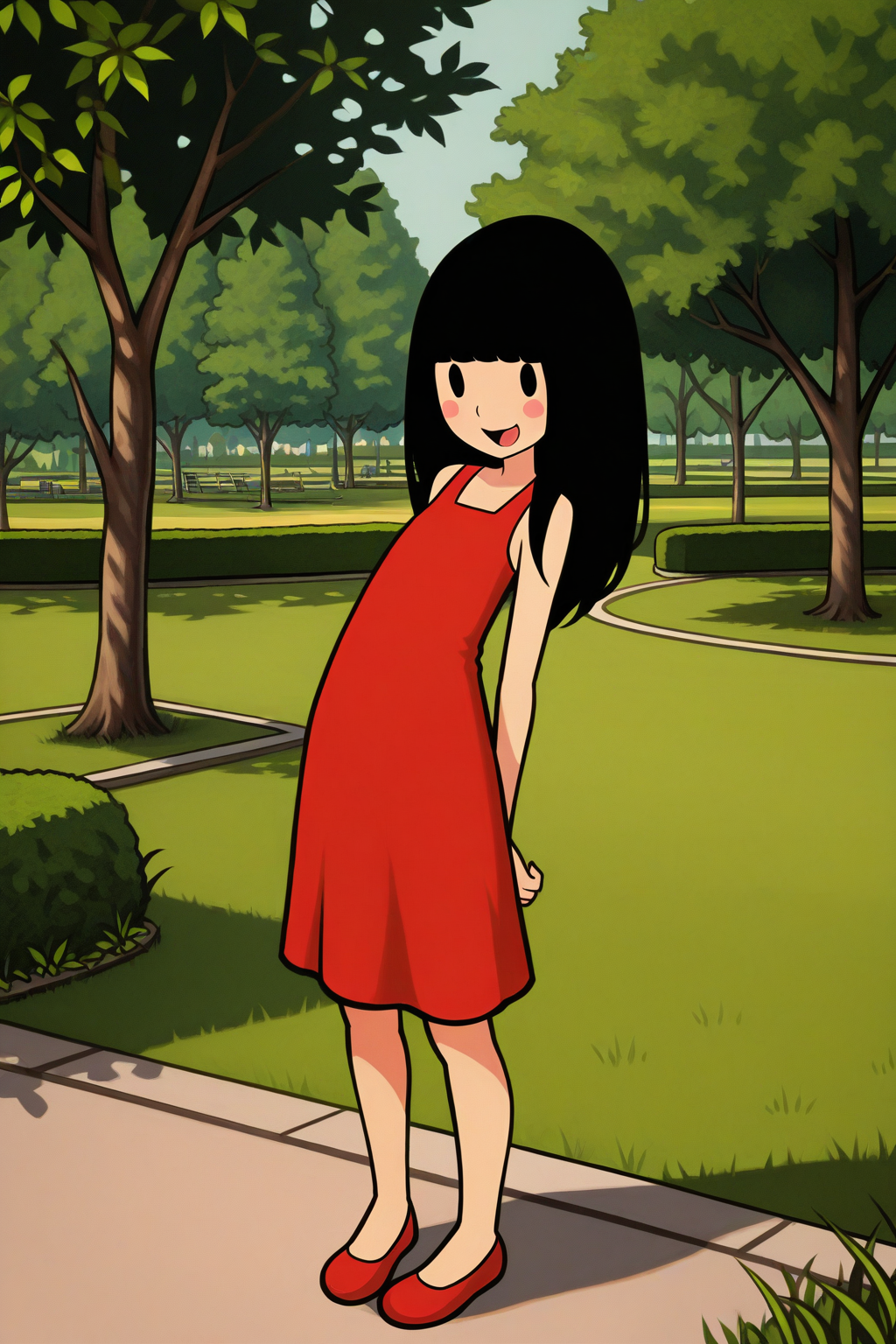 masterpiece, best quality, amazing quality, absurdres, solo, rhythmfevergirl, smile, standing, looking at viewer, open mouth, black hair, red dress, dot eyes, blush stickers, red shoes, outdoors, park, trees, grass