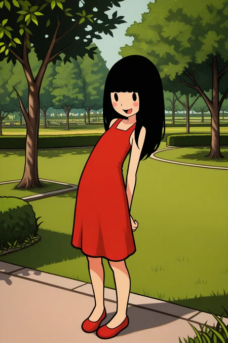 masterpiece, best quality, amazing quality, absurdres, solo, rhythmfevergirl, smile, standing, looking at viewer, open mouth, black hair, red dress, dot eyes, blush stickers, red shoes, outdoors, park, trees, grass