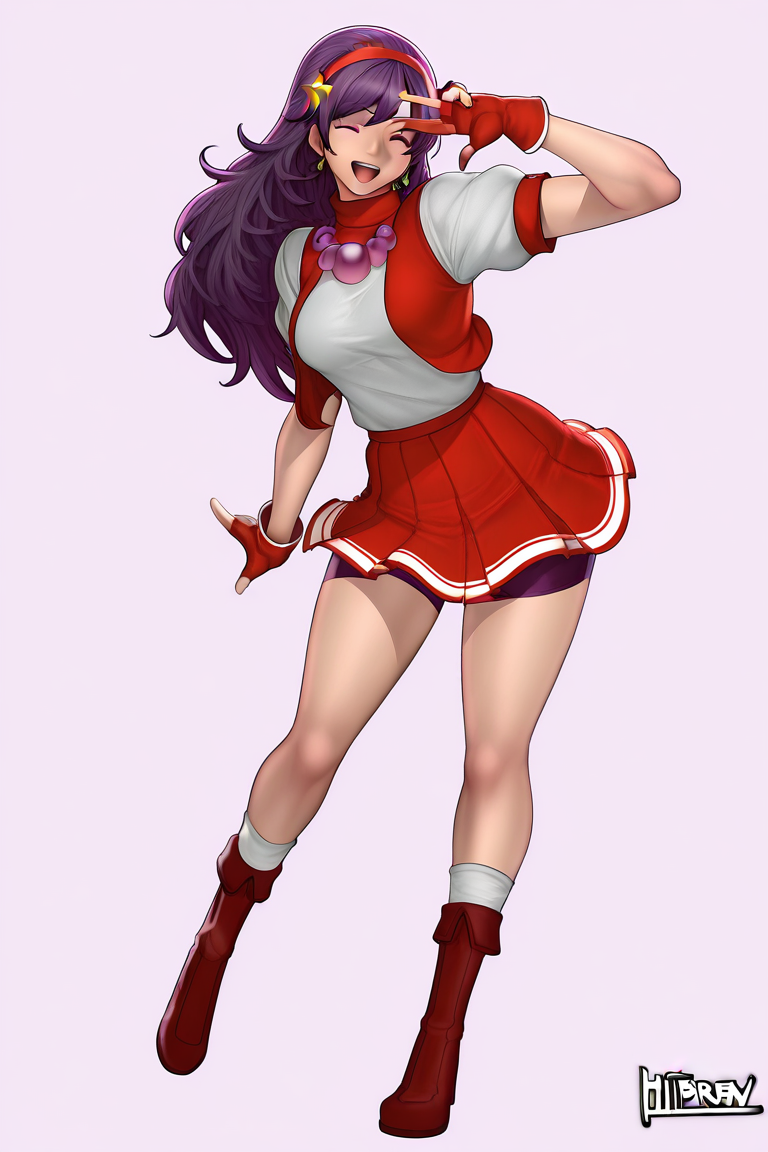 1girl,masterpiece, full body, 
 <lora:HibrenStyle_r1:1> , hibren_ill, 
 <lora:illustrious_XL_athena:1> athena, gloves, fingerless gloves, star \(symbol\), red hairband, jewelry, hair ornament, skirt, star hair ornament, earrings, boots, socks, short sleeves, one eye closed, shorts, dress