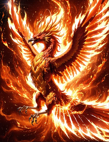 , fire spirit, flaming phoenix, hyperrealistic, intense solar flares, vibrant orange and red hues, intricate details, blazing heat, dynamic motion, glowing plasma, celestial fire, high contrast, luminous, dramatic lighting, powerful energy, otherworldly, cosmic spectacle, high-definition, atmospheric,
