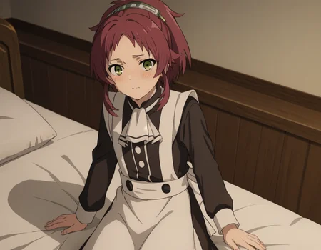 score_9, score_8_up, score_7_up, source_anime,
aishagreyrat, <lora:aisha-greyrat-s2-ponyxl-lora-nochekaiser:1>,
aisha greyrat, green eyes, ponytail, red hair,
long sleeves, apron, maid, ascot, white apron, white ascot,
indoors, bed, bed room, on side, blush, drunk,
solo, dutch angle, looking at viewer, cowboy shot,