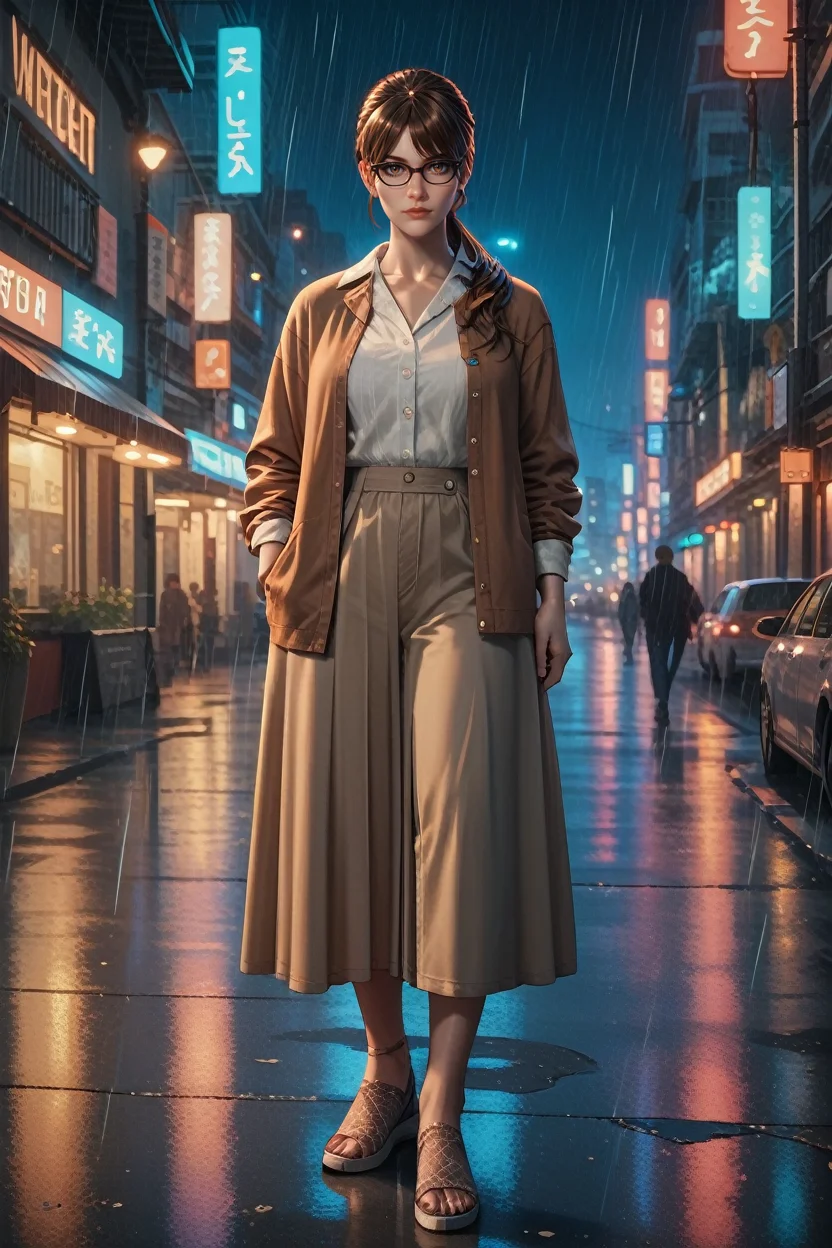 score_9, score_8_up, score_7_up,
<lora:TEWTatiana:0.8>
TEWTatiana, 1girl, brown hair, long hair, ponytail, bangs, brown eyes, glasses, looking at viewer, standing in the rain on a neon-lit city street at night, full body