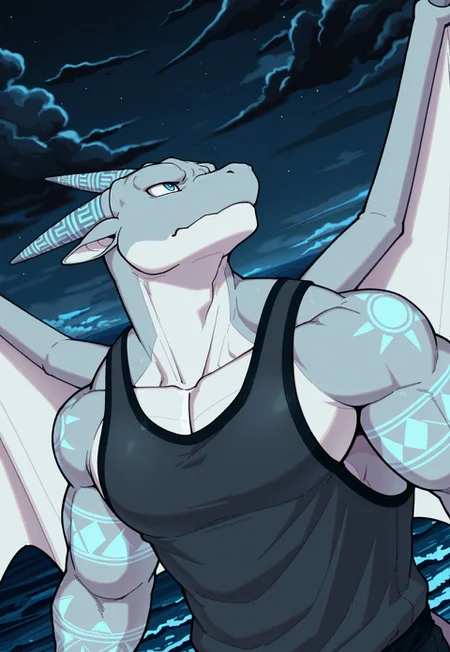 masterpiece, best quality, amazing quality, 1boy, bara, solo, male focus, furry male, dragon boy, lord_scheat, spread wings, tank top, flying, at night, looking up, serious, outdoors, sea, cloud, at night, from above, dark, dark cloud, speedy, close up, dutch angle