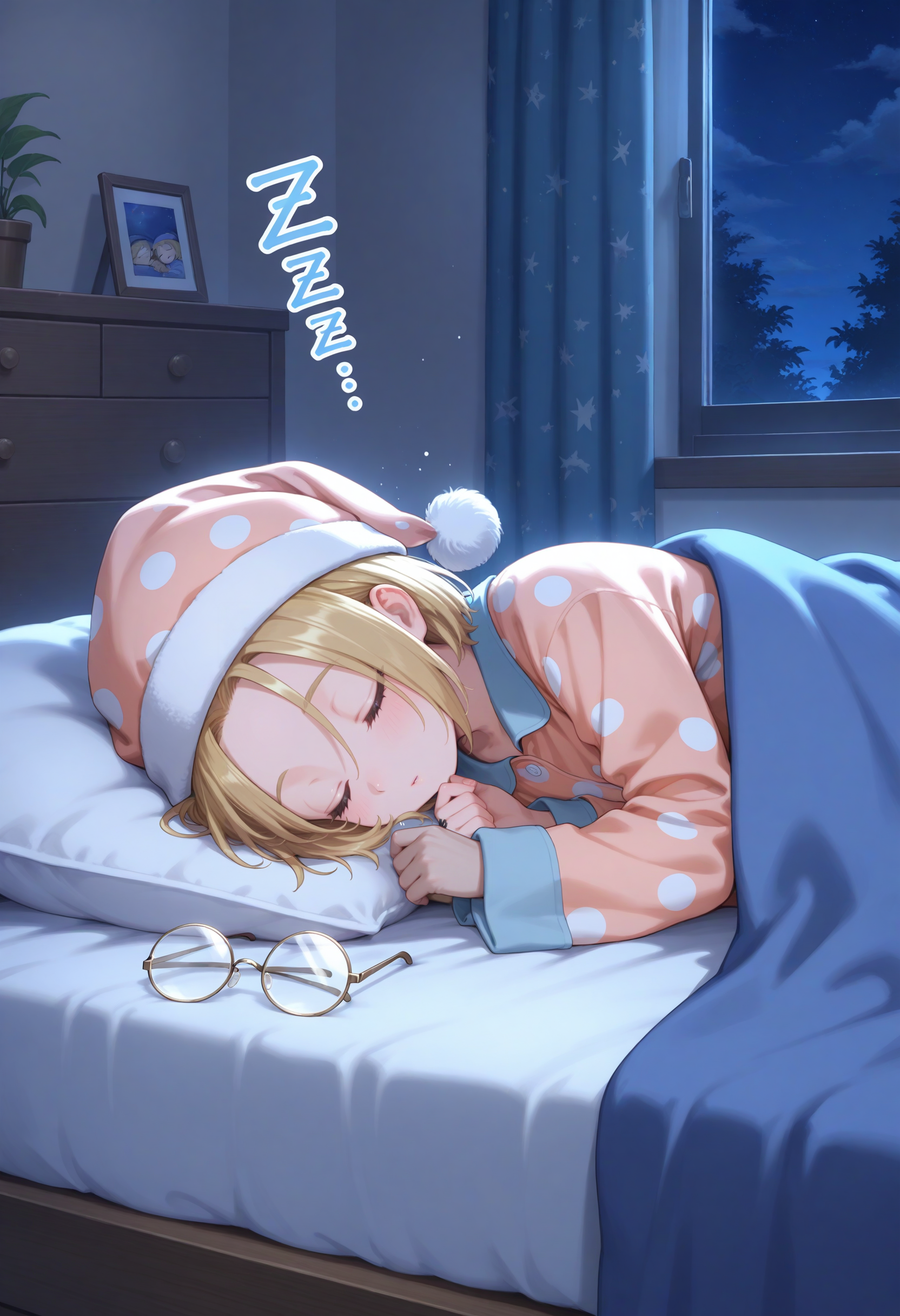 masterpiece,extreme detailed,indoors,living room,bed,night BREAK hoimin2,1boy,glasses,blonde hair,short hair,hat,pajamas,nightcap,<lora:hoimin_(dq)-NAI:1>,closed eyes,sleeping,zzz,unworn eyewear,round eyewear,