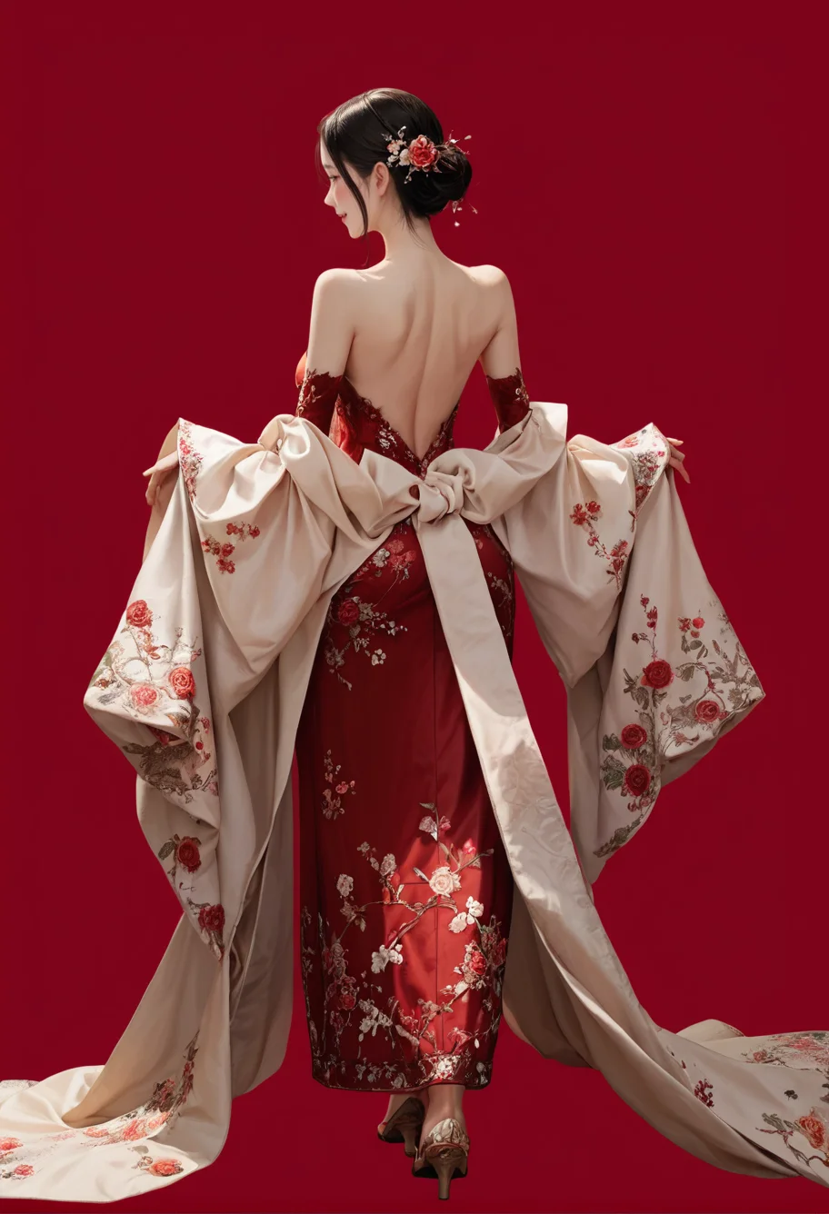 1girl,red background,,ruanyi1007,bare shoulders,detached sleeves,red dress,floral print,strapless dress,
full body,from behind,<lora:1007 Chinese wedding dress_v1_pony:1>, score_9, score_8_up, score_7_up, score_6_up, score_9, score_8_up, score_7_up, score_6_up source_anime, blush, 1girl, seduce smile, perfect body , natural huge breasts