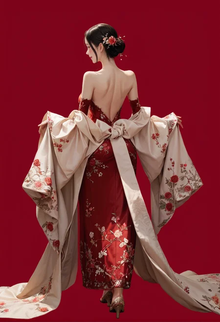 1girl,red background,,ruanyi1007,bare shoulders,detached sleeves,red dress,floral print,strapless dress,
full body,from behind,<lora:1007 Chinese wedding dress_v1_pony:1>, score_9, score_8_up, score_7_up, score_6_up, score_9, score_8_up, score_7_up, score_6_up source_anime, blush, 1girl, seduce smile, perfect body , natural huge breasts