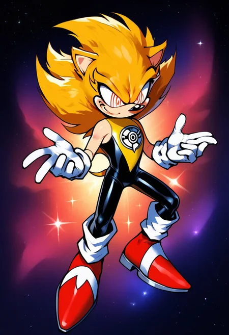 score_9, score_8_up, score_7_up , masterpiece, beautiful,1 male , solo. smug expression,
Fleetway_super_sonicEXE, yellow hair, red eyes, gloves, 1boy, animal ears, tail, white gloves, spiked hair, furry, furry male, body fur, animal nose, sonic the hedgehog, spiky, gold fur design swirl red eyes,
, SinestronCOS,thighhighs,white gloves,skin tight,bodysuit,superhero,black bodysuit,yellow bodysuit,sinestrocorps symbol on chest, , knee boots, white boots,sinestrocorps symbols on chest, anime art style, starry background, outerspace,