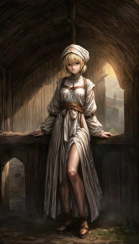 medieval, full body, straight-on, female, medieval dairy farmer, small breasts, dusk, barn background, feminine, indoors,
blonde, brown eye color, thin hair, straight hair, medium hair, wide face, long face, loose strands of hair arching from the middle of the head, round eyes, average height, bare ankles,
wearing a medieval tunic, wearing a brown apron wearing medieval leather shoes, (wearing a white head garment:1.2), dirty clothing, simple medieval clothing,
HD, very detailed,
<lora:more_details:1>,  <lora:Bloodborne:0.3>,  <lora:Darkness:0.5> darkness,  <lora:FantasyInteriors:0.4> fanint,
