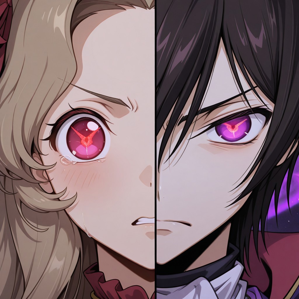 masterpiece,best quality,amazing quality,very aesthetic,absurdres,newest, huge filesize, <lora:spo_sdxl_10ep_4k-data_lora_webui:0.5>,uncensored, <lora:add-detail-xl:1>,
Split Screen,
Nunnally Lamperouge, lelouch lamperouge, 
use geass, close up geass, two eyed geass, glowing eye, corruption,
teary left eye