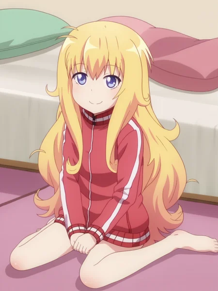 GabT, Gabtrack, long hair, blue eyes, blonde hair, very long hair,purple eyes, jacket, ahoge, messy hair, track jacket, barefoot, <lora:Doom PonyXL Gabriel White Tenma:1>,
1girl, solo, looking at viewer, smile,