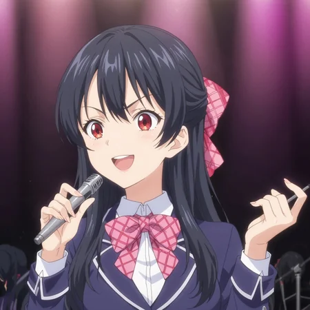 safe_pos, safe_pos, safe_pos, score_9, score_8_up, score_7_up, , breasts, anime screencap, anime coloring, blazer, bowtie, food wars, upper body, singing, school uniform, red bow, smile, bow, medium breasts, long sleeves, black hair, pink bow