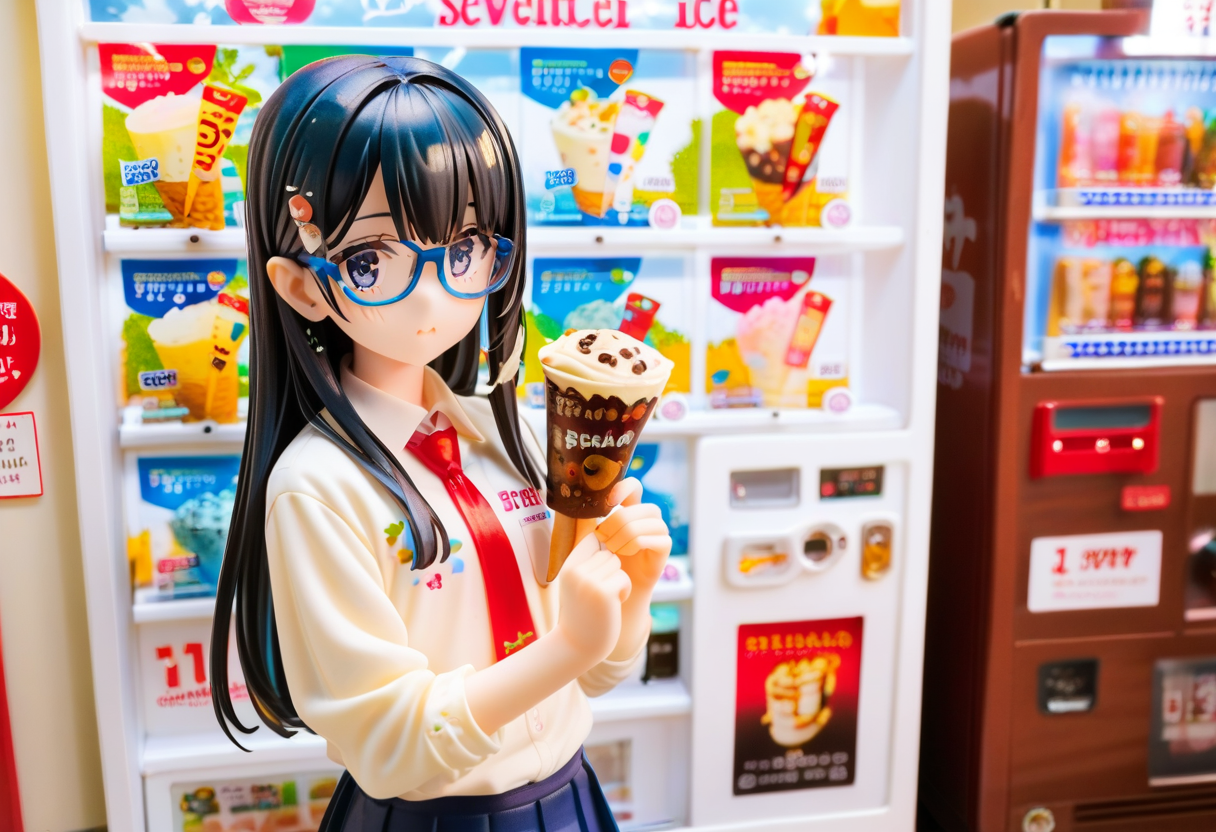 score_9, score_8_up, score_7_up, rating_safe, masterpiece, best quality, absurdres, unity 8k wallpaper, official art, official style, source_anime, uncensored, game cg, megami magazine,
1girl, solo, glasses, black hair, long hair, blue eyes, collared shirt, red necktie, pleated skirt, blue skirt, looking at viewer, blush, holding, hollding food, 
17ice, vending machine, food, ice cream, still life, english text, scenery, 
<lora:17ice_PONY_V1:0.8>