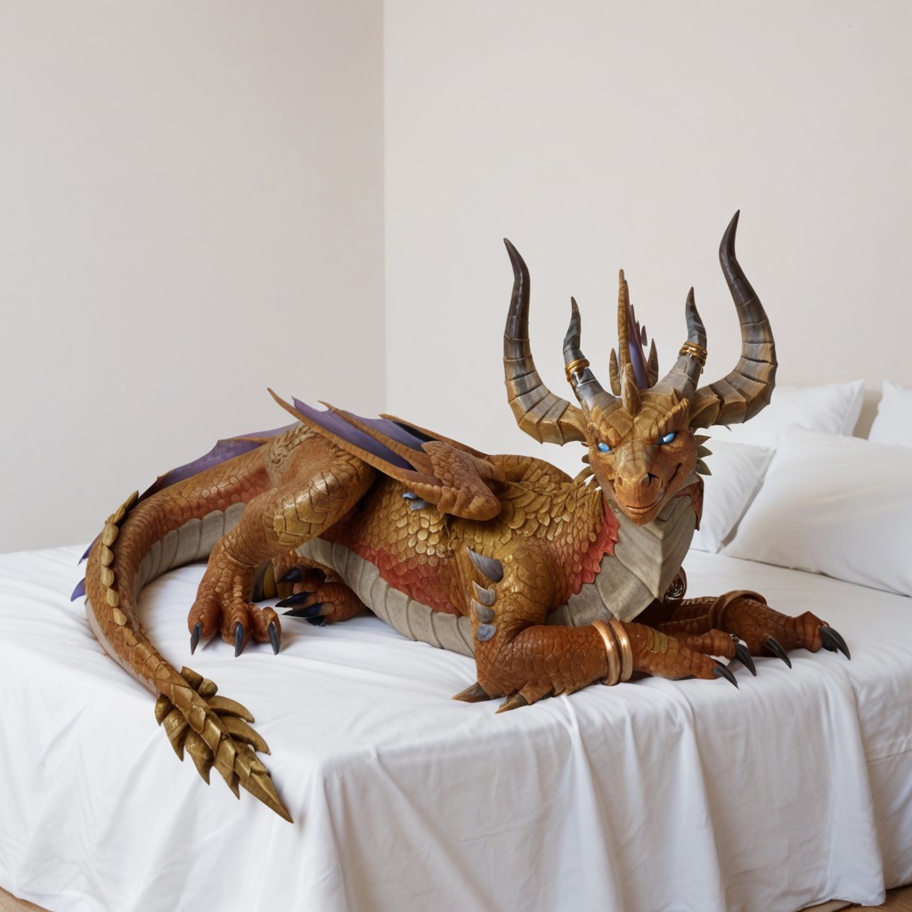 score_9, score_8_up, score_7_up, score_6_up, masterpiece, high quality, realistic, detailed, best quality, 1girl, solo, rating_safe, source_furry, white bed, bedroom, smiling, seductive, looking at viewer, on bed, full body, feral, soridormi_wc, dragon, bronze scales, wings, horns, tail, claws, female, 1girl, (blue sclera, glowing eyes), feral, close up