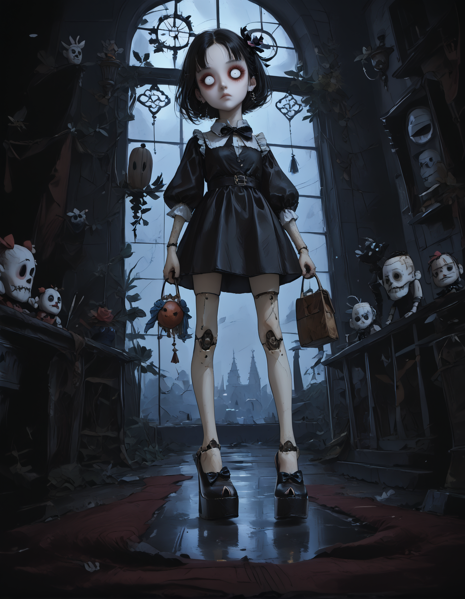 score_9, score_8_up, score_7_up, score_6_up, score_5_up, score_4_up,
1girl, goth, black dress, black hair, 
doll, ball joints, long legs, expressionless, empty eyes, white eyes,
dangling arms, dangling legs, hanging from waist,
indoors, school, 
(from below), (from side:1.25), foot focus,
(wide angle:1.2), (fisheye lens:1.5), (foreshortening:1.3),
night, dark, dark background, Low-key lighting,
light particles,
(r3w1nd heels:1.2), (platform footwear:1.2),
dontstarvestyle, blank eyes,
embedding:zPDXL2 ,