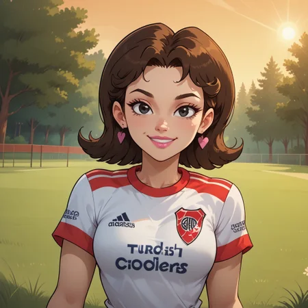 score_9, score_8, BREAK, solo, brown hair, black eyes, pink lips, lipstick, RiverPlate, striped shirt, striped, shirt, white shirt, short sleeves, clothes writing, sportswear, soccer uniform, pink earrings, breasts, Total Drama, Gwens_mother_(Total_Drama), cute, sexy pose, self portrait, smile, outdoors, sunlight, shadows, evening lighting, natural lighting, forest, trees, grass, orange sky, sunset