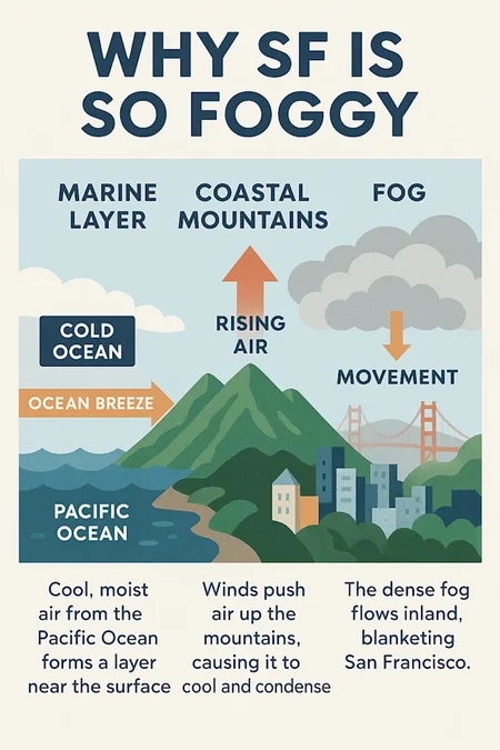 make a visual infographic describing why SF is so foggy