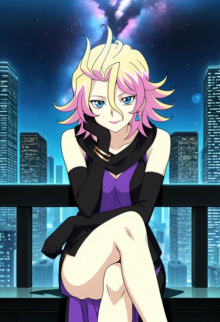 masterpiece,best quality,amazing quality,
solo,
Verno Fahrenheart (Cardfight Vanguard), multicolored hair, two-tone hair, blonde hair, pink hair, blue eyes, makeup, lipstick, jewelry, earrings, dress, elbow gloves, scarf, bracelet, side slit,
looking at viewer, smile, cheeks leaning on arm,
cinematic, crossing legs,
Outdoors, night, On top skyscraper, sci-fi city, (galaxy sky:1.2),
Lens flare, bloom, detailed shadow,
Official style, anime screencap, anime coloring,