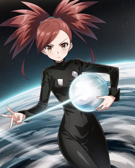 1girl, solo, (space), <lora:flannery-v2-epoch-000008:0.8>, flannery \(pokemon\), red hair, space helmet, sci-fi, bodysuit, glass, skin tight, earth \(planet\)