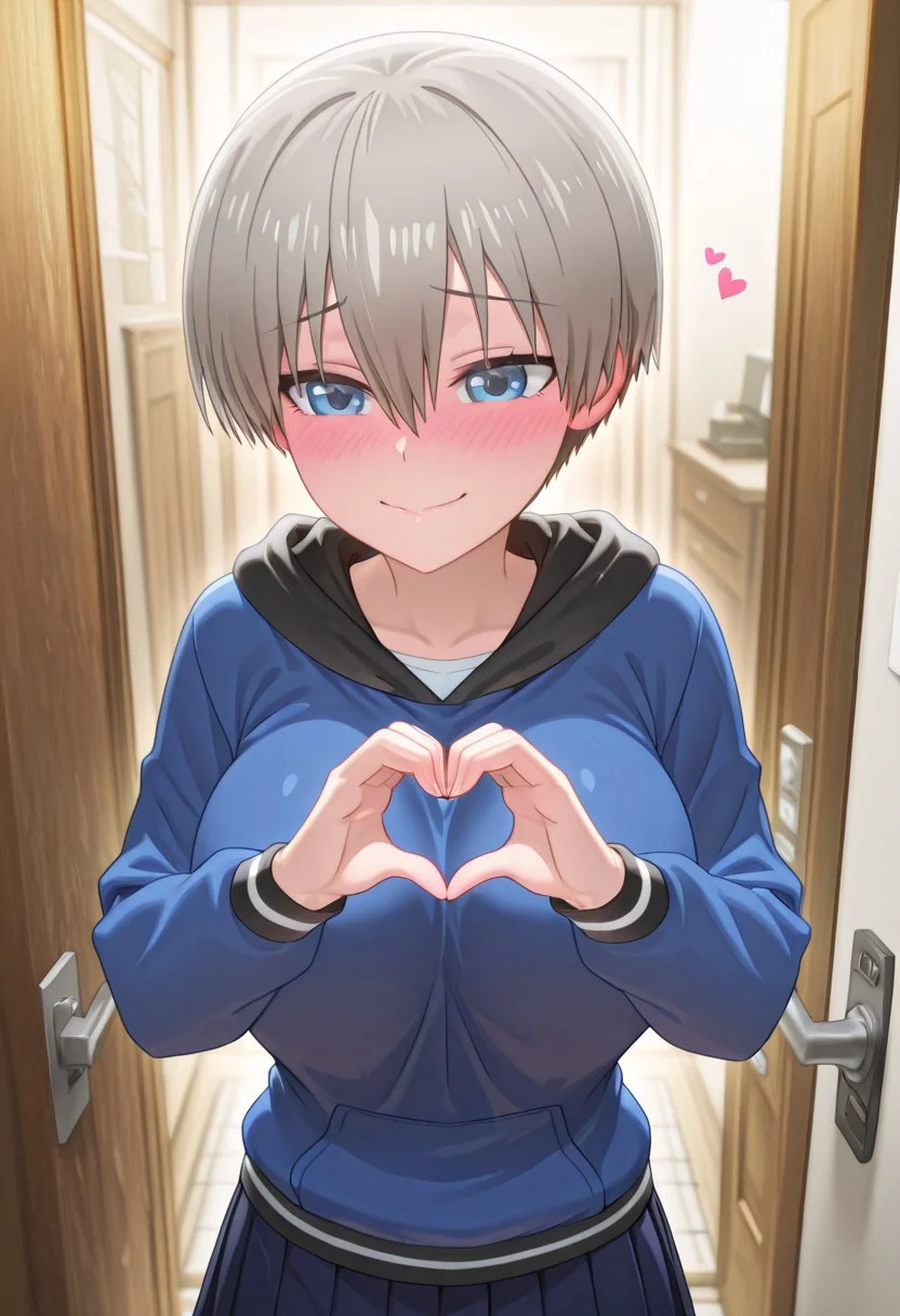 (score_9, score_8_up, score_7_up), Hana Uzaki, 1girl, short hair, gray hair, bangs, hair between eyes, blue eyes, large breasts, Hana blue hoodie with black hood outfit, hoodie, black hood, pleated blue skirt,
(female Blush), (girl expression:(happy, smling, blushing)), pov doorway, opening door, door, female focus, heart hands, ambient occlusion, raytracing, shining glossy skin, soft lighting, realistic skin, blum effect, masterpiece, detailed face, beautiful eyes, detailed eyes, extremely detailed, detailed hands, 5 fingers