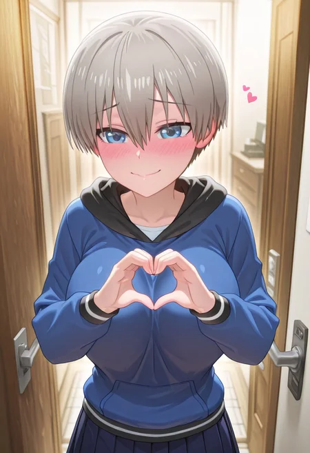 (score_9, score_8_up, score_7_up), Hana Uzaki, 1girl, short hair, gray hair, bangs, hair between eyes, blue eyes, large breasts, Hana blue hoodie with black hood outfit, hoodie, black hood, pleated blue skirt,
(female Blush), (girl expression:(happy, smling, blushing)), pov doorway, opening door, door, female focus, heart hands, ambient occlusion, raytracing, shining glossy skin, soft lighting, realistic skin, blum effect, masterpiece, detailed face, beautiful eyes, detailed eyes, extremely detailed, detailed hands, 5 fingers