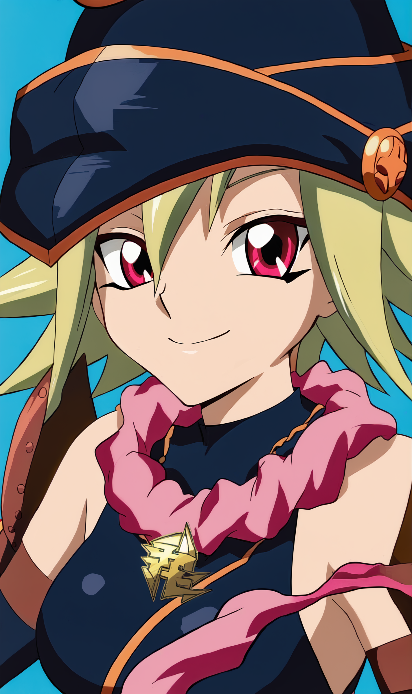 GG, 1girl, solo, light green hair, short hair, pink eyes, magician outfit, magician hat, magician shirt, detached sleeves, close up, portrait, simple background, blue background, looking at viewer, smile, <lora:Gagaga Girl Pony XL:1>