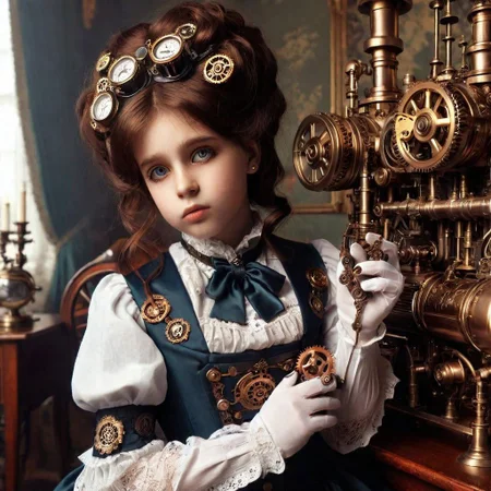 small girl, A steampunk style photo of Breathe into me and make me real, bring me to life . blending of victorian technology, steam-powered, cogs, brass machinery