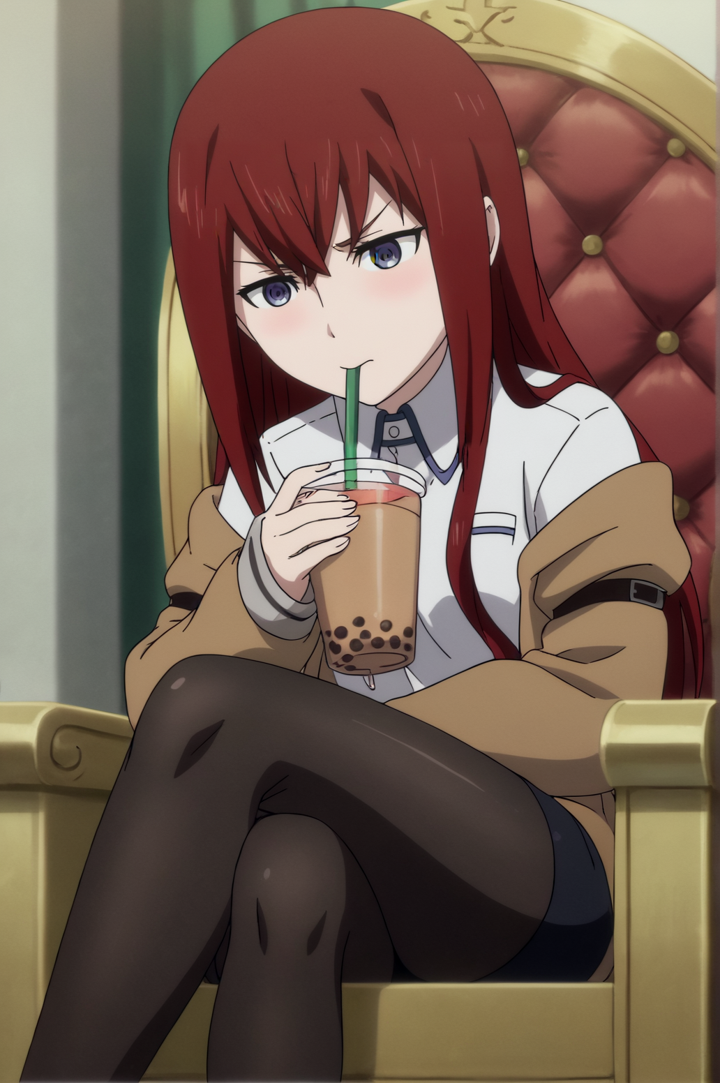 score_9, score_8_up, score_7_up,anime_source, source_anime, best background, detailed background, anime screencap,  Makise Kurisu, Main Outfit, solo, dynamic angle, naughty face, indoors, throne, sitting, drinking, bubble tea, from bellow, crossed legs, tsundere, pantyhose, embarrassed,  <lora:JN_Makise_Kurisu:0.8>