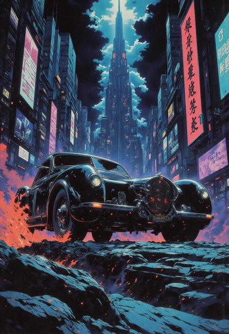 A midnight chase roars to life as a elegant 1938 Phantom Corsair hurtles through a sprawling cyberpunk metropolis, its sleek,shiny retro-futuristic body enhanced with  metallic ornament,wide wheels  and bright glowing headlights. The legendary vehicle, reimagined as a marvel of science fiction, blasts forward with an overdrive roar and afterburners blazing, leaving vivid neon trails in its wake that cut through the dense urban fog.
The Corsair, viewed diagonally from the front, is captured mid-motion, its silhouette illuminated by dynamic, directional lighting. Motion blur emphasizes its breakneck speed, while long exposure highlights shimmering light particles and reflections dancing on its polished surface. The metropolis is a labyrinth of towering skyscrapers and glowing billboards, drenched in hues of electric blue, neon purple, and fiery red. The dramatic sky above churns with storm clouds, adding an ominous, epic backdrop to the high-octane scene.
Energy sparks crackle around the Corsair as its advanced propulsion systems push it to the limit, glowing vents and futuristic detailing radiating mesmerizing light. The chiaroscuro contrasts of deep shadows and vibrant highlights evoke a timeless technoir aesthetic, blending the nostalgia of art deco design with the cutting-edge allure of cyberpunk. The atmosphere is thrilling and inspiring, immersing the viewer in a vivid, breathtaking moment of speed, style, and intensity. best quality,masterpiece,dutch angle