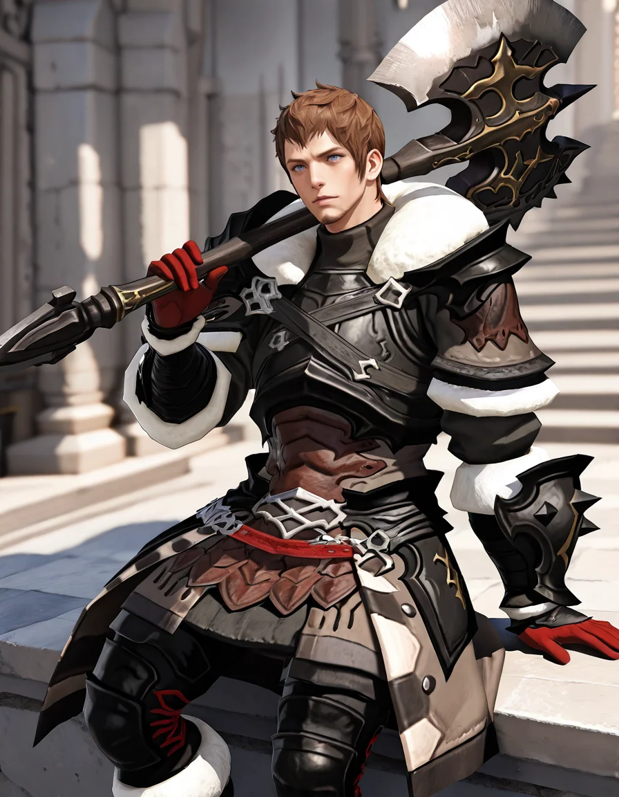 masterpiece, best quality, newest, perfect quality, best quality, detailed background, intricate details, male focus, solo, realistic, <lora:FFXIV - Ardbert Hylfyst - Illustrious 2_3-000004:0.7>, ardbert_ffxiv, 1boy, mature male, short hair, brown hair, blue eyes, goatee, fur-trimmed collar, fur-trimmed pauldrons, armor, fur-trimmed gloves, tassets, fur-trimmed boots, holding axe, axe on shoulder